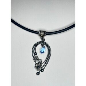 JBB Sterling Silver Floral Pendant Necklace Blue Crystal Teardrop Leather Cord